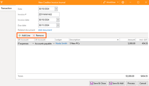 Step 13 - Creditor Invoice Journal (Add and Remove Line).png